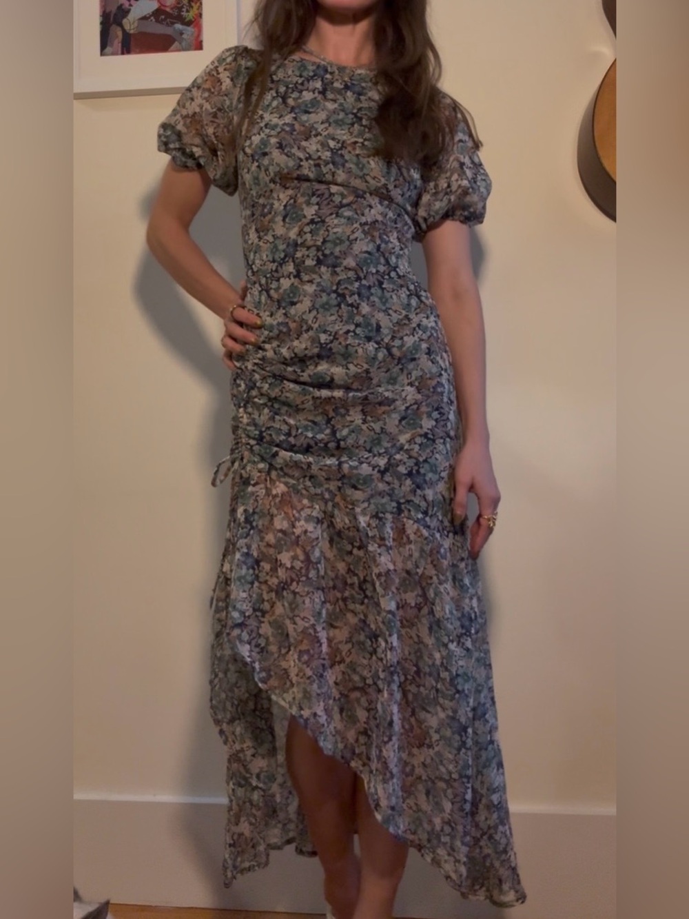 ASTR the Label Ruched Asymmetric Chiffon Floral Midi Dress Blue Green XS